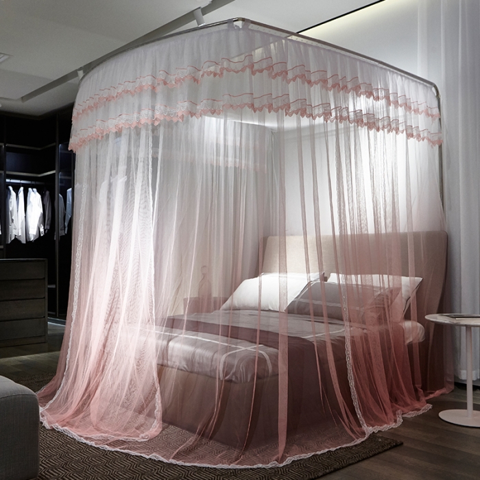 91家纺网 家纺一手货源 找家纺 迪凡保罗 A05 弧形伸缩钓鱼式蚊帐 渐变橘色-32管支架