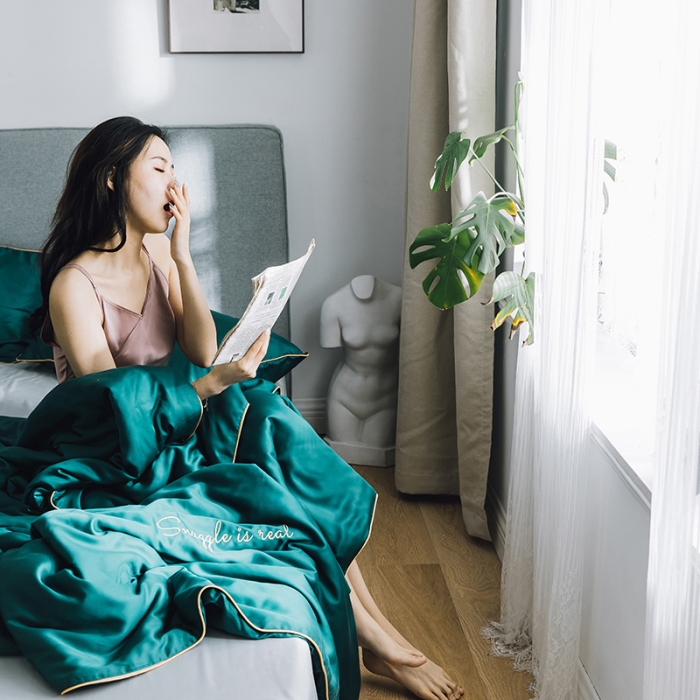 91家纺网 家纺一手货源 找家纺 莱福仕家纺 2024   莫代尔刺绣系列夏被黛绿