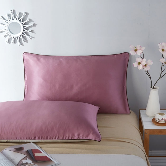 91家纺网 家纺一手货源 找家纺 朗莎家纺 2019新款真丝滚边枕套48X74cm/对 豆沙紫