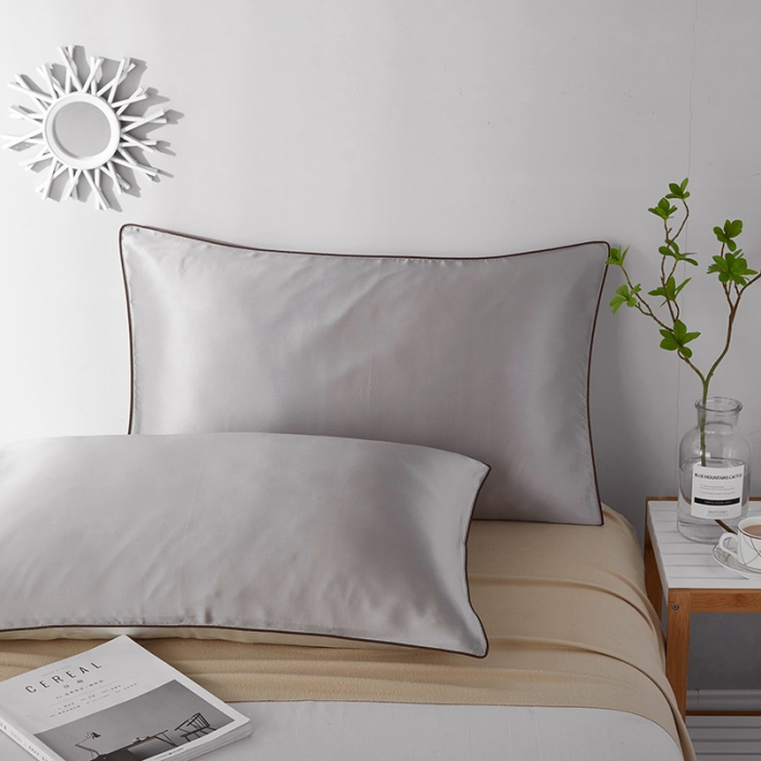 91家纺网 家纺一手货源 找家纺 朗莎家纺 2019新款真丝滚边枕套48X74cm/对 鸽子灰