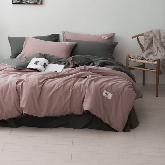 91家纺网 家纺一手货源 找家纺 朗莎家纺 2019新款水洗棉四件套床单款 豆沙