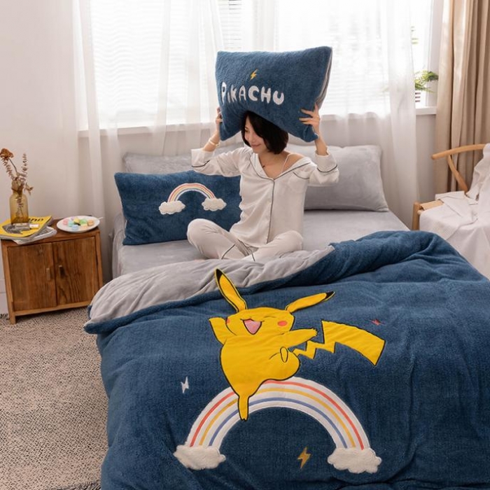 91家纺网 家纺一手货源 找家纺  朗莎家纺 2019新款羊羔绒贴布绣四件套 彩虹精灵