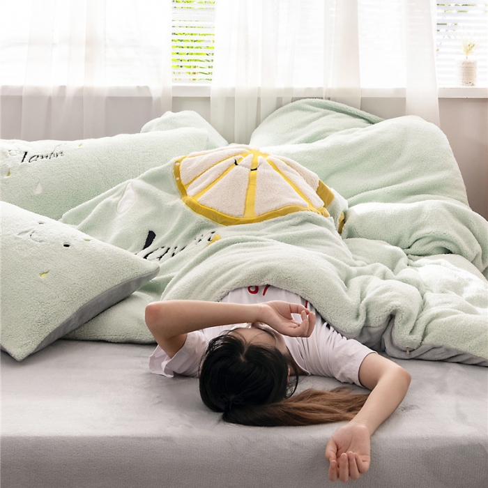 91家纺网 家纺一手货源 找家纺  朗莎家纺 2019新款羊羔绒贴布绣四件套 柠檬抹茶绿