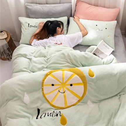 91家纺网 家纺一手货源 找家纺  朗莎家纺 2019新款羊羔绒贴布绣四件套 柠檬抹茶绿