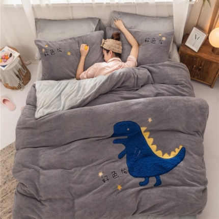  朗莎家纺 2019新款羊羔绒贴布绣四件套 好色龙银灰