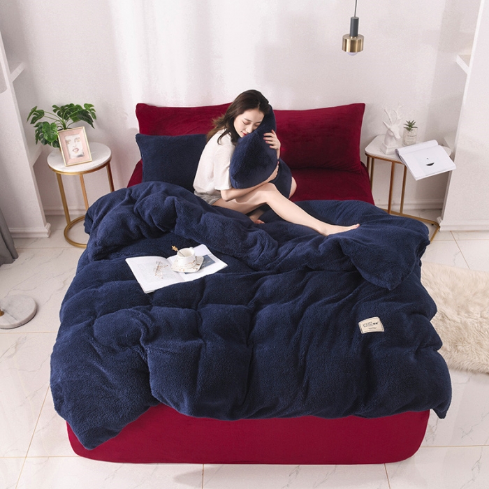 91家纺网 家纺一手货源 找家纺 朗莎家纺 2019新款加厚保暖羊羔绒四件套单品单被套床单 藏青