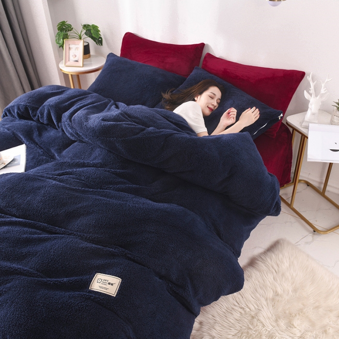 91家纺网 家纺一手货源 找家纺 朗莎家纺 2019新款加厚保暖羊羔绒四件套单品单被套床单 藏青