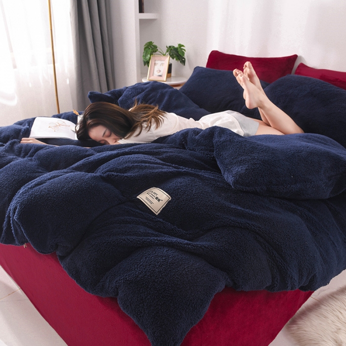 91家纺网 家纺一手货源 找家纺 朗莎家纺 2019新款加厚保暖羊羔绒四件套单品单被套床单 藏青