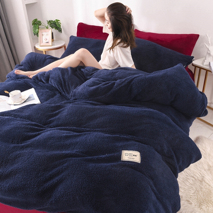 91家纺网 家纺一手货源 找家纺 朗莎家纺 2019新款加厚保暖羊羔绒四件套单品单被套床单 藏青