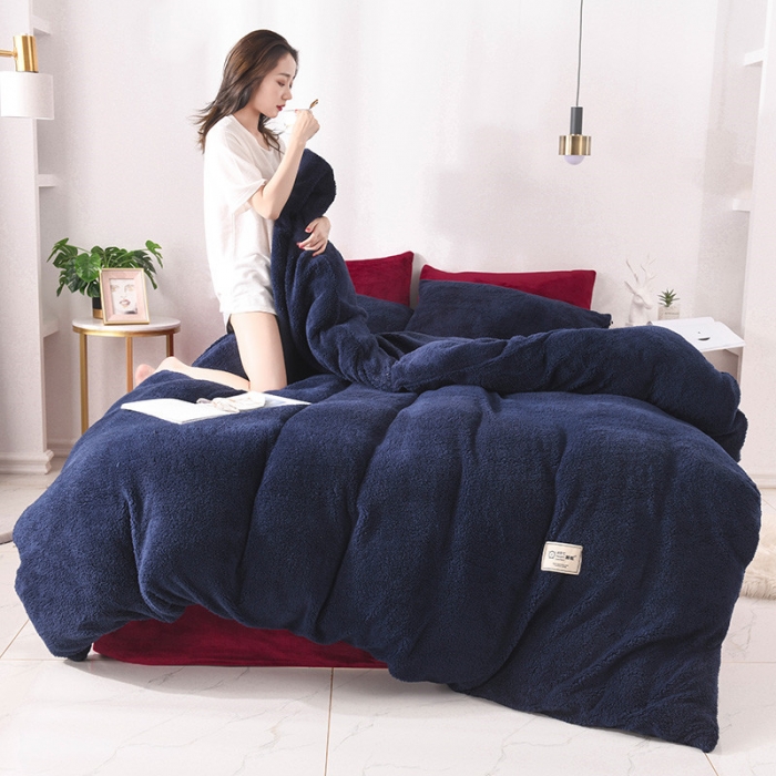 91家纺网 家纺一手货源 找家纺 朗莎家纺 2019新款加厚保暖羊羔绒四件套单品单被套床单 藏青