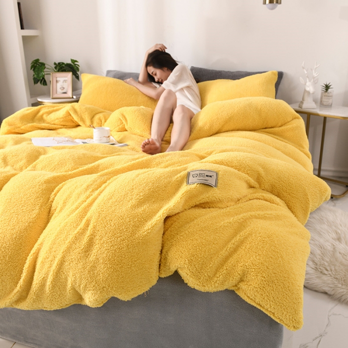 91家纺网 家纺一手货源 找家纺 朗莎家纺 2019新款加厚保暖羊羔绒四件套单品单被套床单 姜黄
