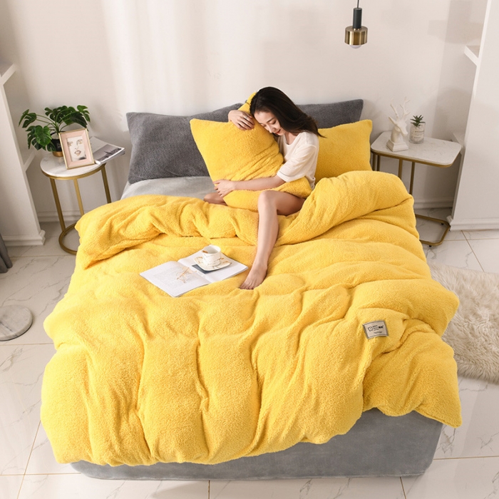 91家纺网 家纺一手货源 找家纺 朗莎家纺 2019新款加厚保暖羊羔绒四件套单品单被套床单 姜黄