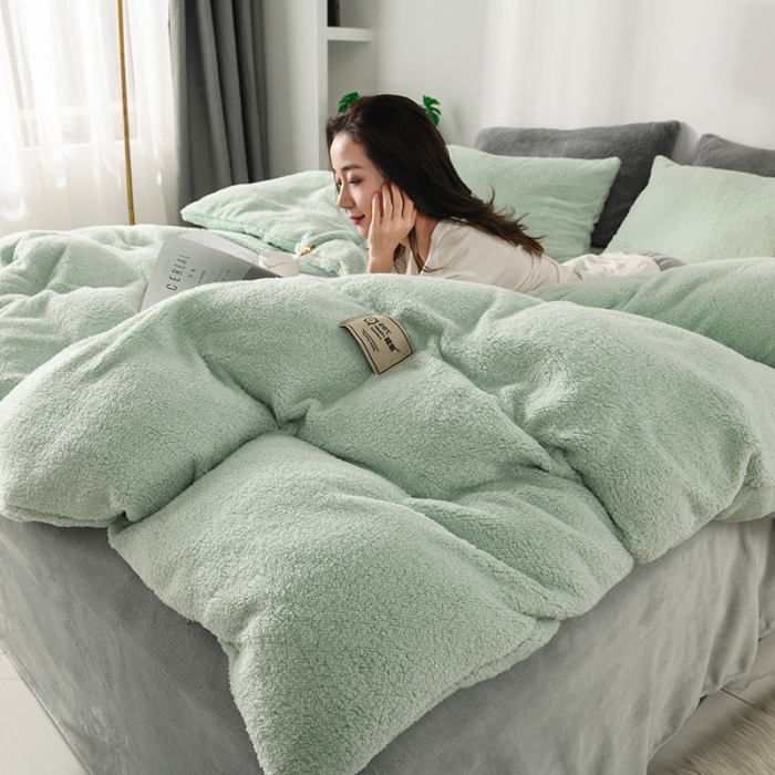 91家纺网 家纺一手货源 找家纺 朗莎家纺 2019新款加厚保暖羊羔绒四件套单品单被套床单 抹茶绿
