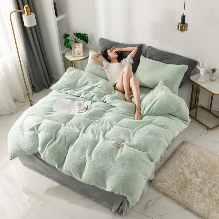 91家纺网 家纺一手货源 找家纺 朗莎家纺 2019新款加厚保暖羊羔绒四件套单品单被套床单 抹茶绿