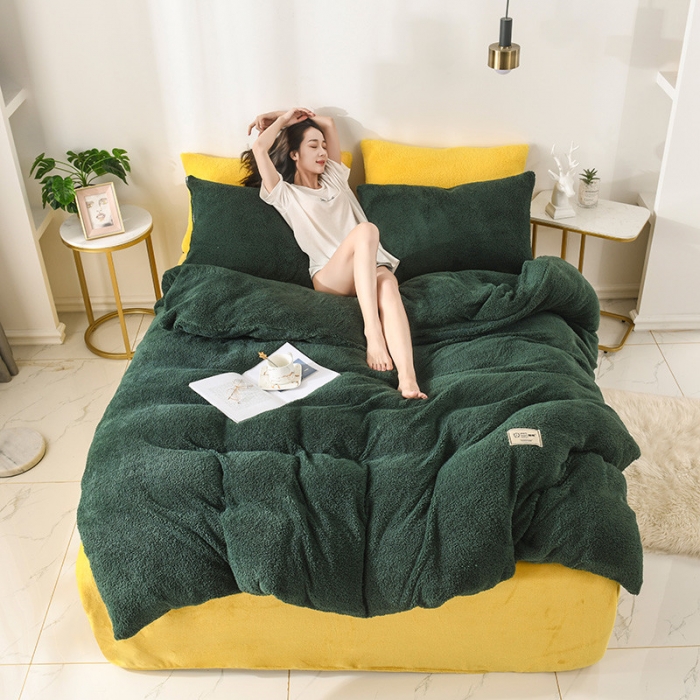 91家纺网 家纺一手货源 找家纺 朗莎家纺 2019新款加厚保暖羊羔绒四件套单品单被套床单 墨绿