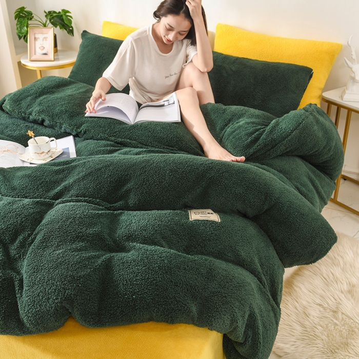 91家纺网 家纺一手货源 找家纺 朗莎家纺 2019新款加厚保暖羊羔绒四件套单品单被套床单 墨绿