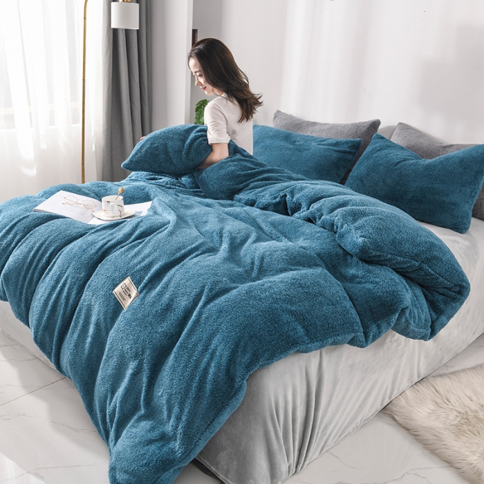 91家纺网 家纺一手货源 找家纺 朗莎家纺 2019新款加厚保暖羊羔绒四件套单品单被套床单 午夜蓝