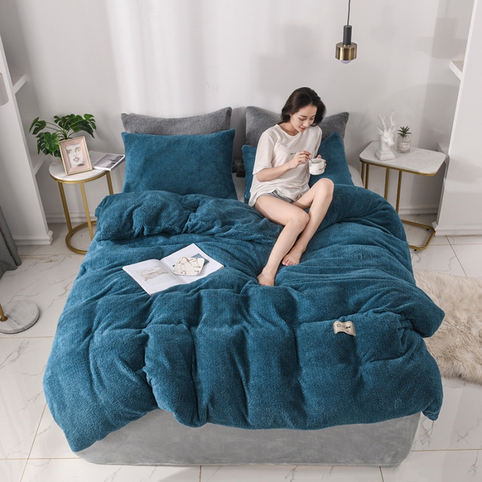 91家纺网 家纺一手货源 找家纺 朗莎家纺 2019新款加厚保暖羊羔绒四件套单品单被套床单 午夜蓝