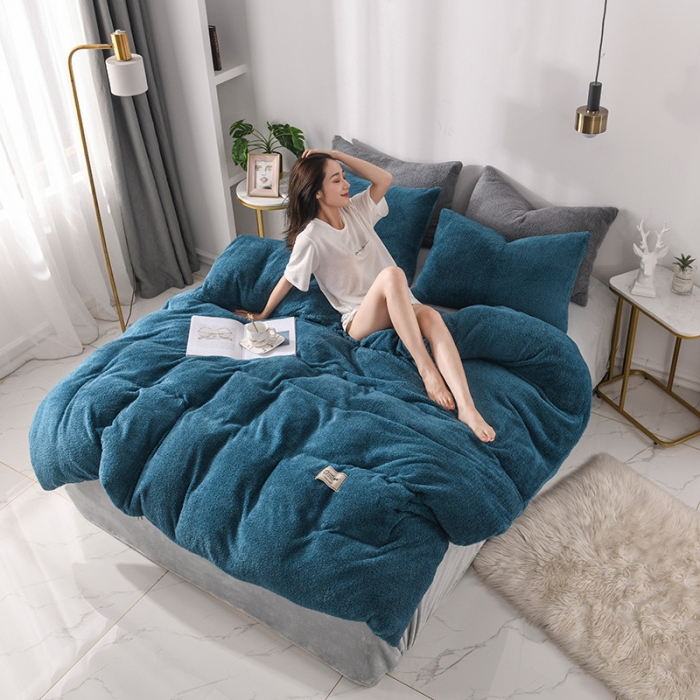 91家纺网 家纺一手货源 找家纺 朗莎家纺 2019新款加厚保暖羊羔绒四件套单品单被套床单 午夜蓝