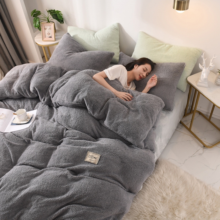 91家纺网 家纺一手货源 找家纺 朗莎家纺 2019新款加厚保暖羊羔绒四件套单品单被套床单 银灰