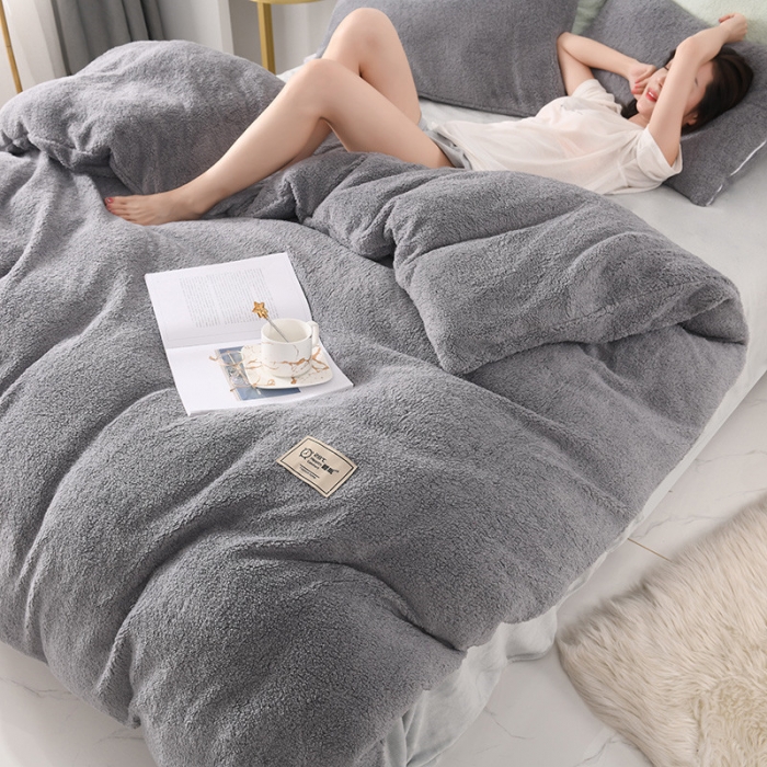 91家纺网 家纺一手货源 找家纺 朗莎家纺 2019新款加厚保暖羊羔绒四件套单品单被套床单 银灰