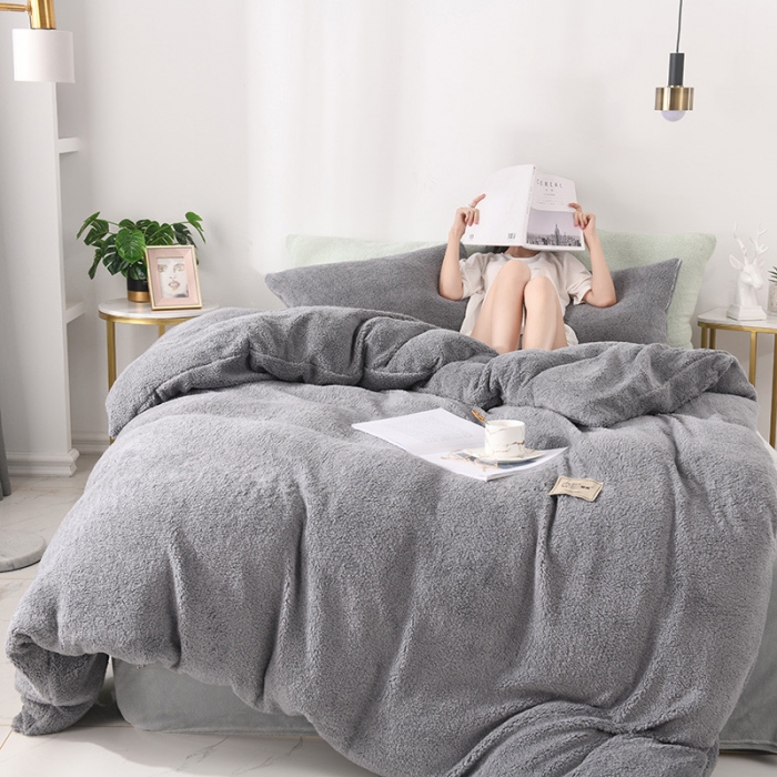 91家纺网 家纺一手货源 找家纺 朗莎家纺 2019新款加厚保暖羊羔绒四件套单品单被套床单 银灰