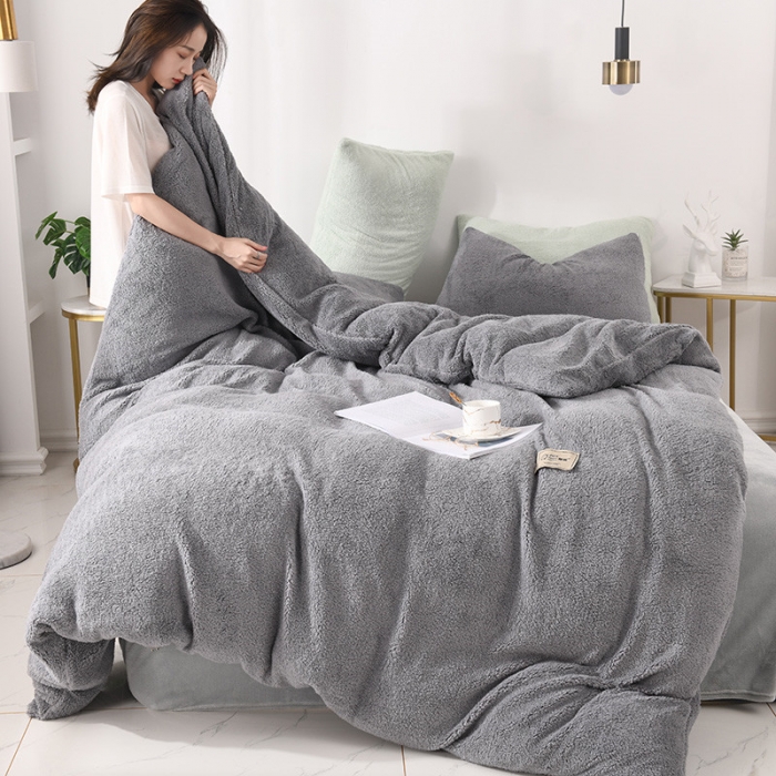 91家纺网 家纺一手货源 找家纺 朗莎家纺 2019新款加厚保暖羊羔绒四件套单品单被套床单 银灰