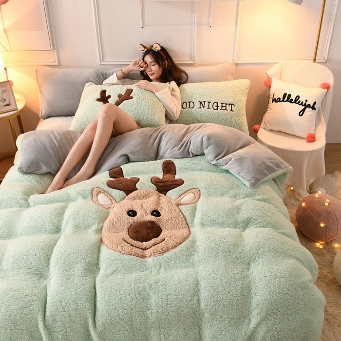 91家纺网 家纺一手货源 找家纺 朗莎家纺 2019新款大版贴布绣羊羔绒保暖四件套 爱心鹿