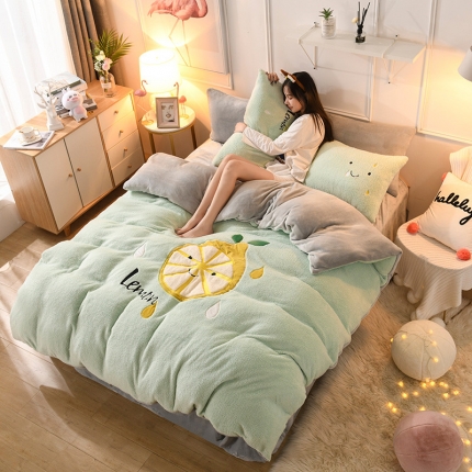 朗莎家纺 2019新款大版贴布绣羊羔绒保暖四件套 柠檬抹茶绿