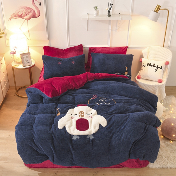 91家纺网 家纺一手货源 找家纺 朗莎家纺 2019新款大版贴布绣羊羔绒保暖四件套 小鸡藏青