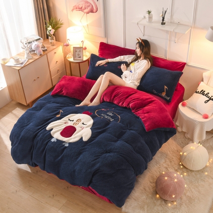 朗莎家纺 2019新款大版贴布绣羊羔绒保暖四件套 小鸡藏青