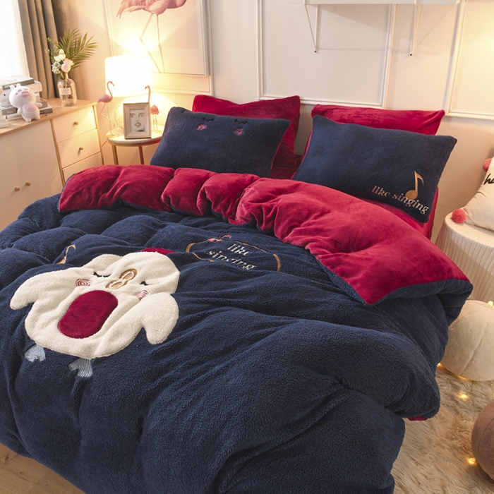 91家纺网 家纺一手货源 找家纺 朗莎家纺 2019新款大版贴布绣羊羔绒保暖四件套 小鸡藏青