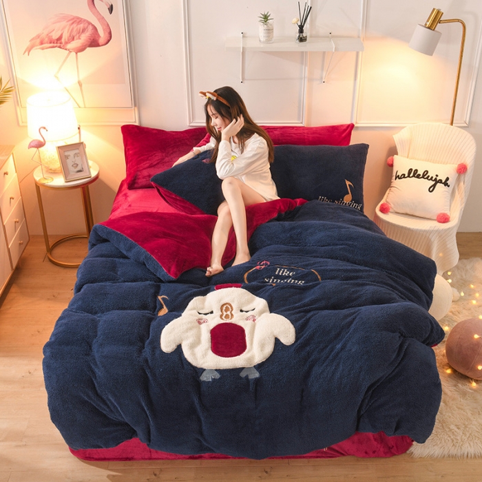 91家纺网 家纺一手货源 找家纺 朗莎家纺 2019新款大版贴布绣羊羔绒保暖四件套 小鸡藏青