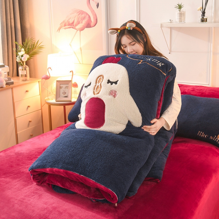 91家纺网 家纺一手货源 找家纺 朗莎家纺 2019新款大版贴布绣羊羔绒保暖四件套 小鸡藏青