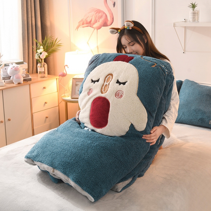 91家纺网 家纺一手货源 找家纺 朗莎家纺 2019新款大版贴布绣羊羔绒保暖四件套 小鸡午夜蓝