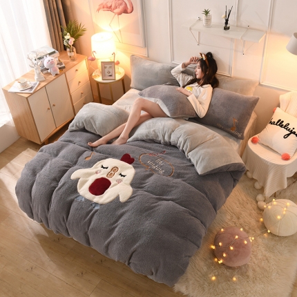 朗莎家纺 2019新款大版贴布绣羊羔绒保暖四件套 小鸡银灰