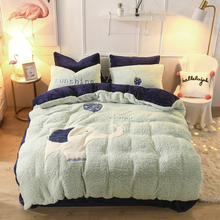 91家纺网 家纺一手货源 找家纺 朗莎家纺 2019新款大版贴布绣羊羔绒保暖四件套 小象