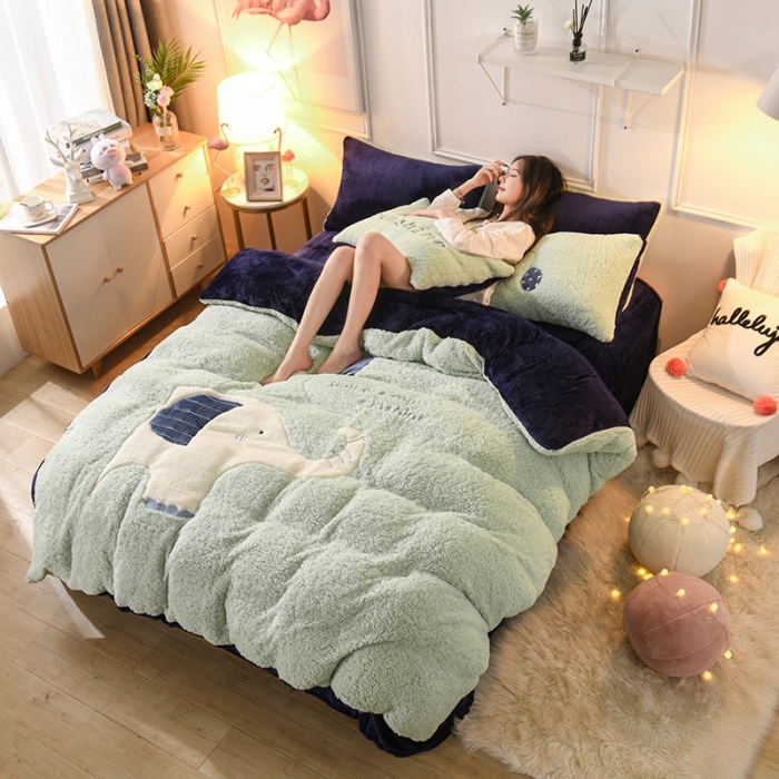 91家纺网 家纺一手货源 找家纺 朗莎家纺 2019新款大版贴布绣羊羔绒保暖四件套 小象