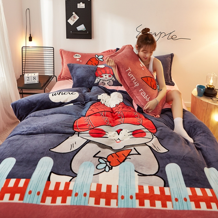 91家纺网 家纺一手货源 找家纺 KT猫直营店2024新款卡通法莱绒牛奶绒情侣四件套 小红帽