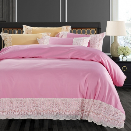 91家纺网 家纺一手货源 找家纺 玖玖爱家纺 60s长绒棉蕾丝四件套 纯粉