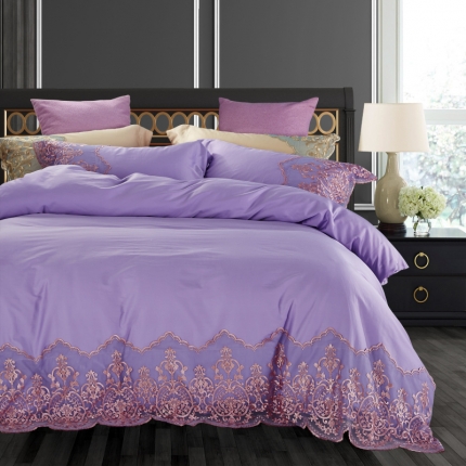 91家纺网 家纺一手货源 找家纺 玖玖爱家纺 60s长绒棉蕾丝四件套 雪青