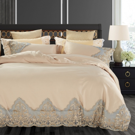 91家纺网 家纺一手货源 找家纺 玖玖爱家纺 60s长绒棉蕾丝四件套 浅驼