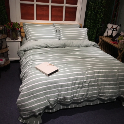 91家纺网 家纺一手货源 找家纺 玖玖爱 双层纱四件套 绿条纹