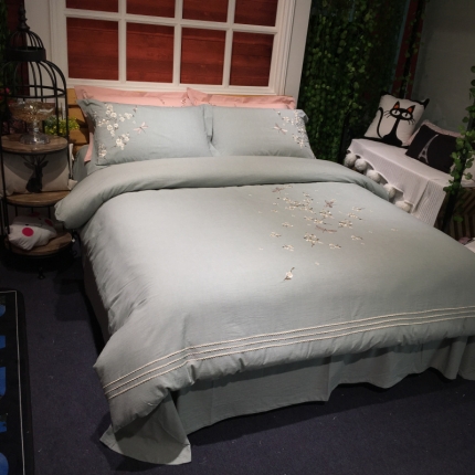 91家纺网 家纺一手货源 找家纺 玖玖爱 水洗棉绣花四件套 温婉花镜-豆绿