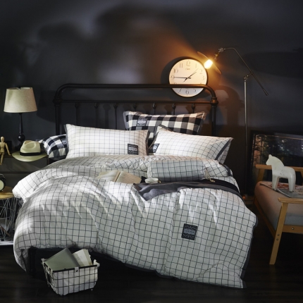 91家纺网 家纺一手货源 找家纺 玖玖爱家纺 2017条纹款水洗棉四件套  晚秋格