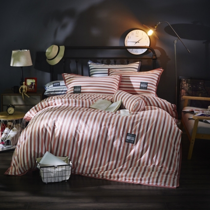 91家纺网 家纺一手货源 找家纺 玖玖爱家纺 2017条纹款水洗棉四件套 粉玉小条