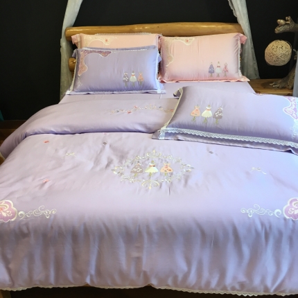 91家纺网 家纺一手货源 找家纺 玖玖爱 2018新款贡缎绣花系列四件套法丽莎雪青