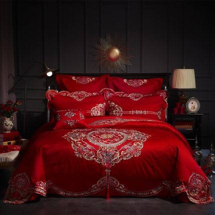 91家纺网 家纺一手货源 找家纺 玖玖爱 2018新款婚庆贡缎刺绣多件套情定一生十件套