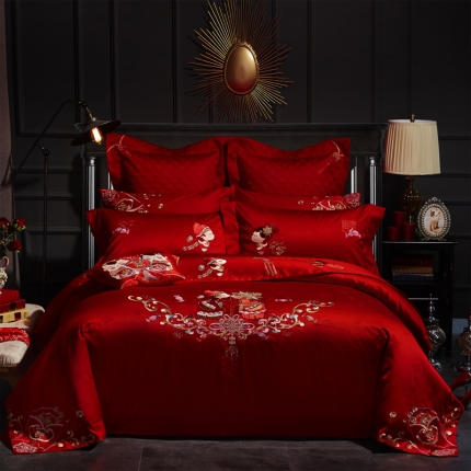 91家纺网 家纺一手货源 找家纺 玖玖爱 2018新款婚庆贡缎刺绣多件套才子佳人十件套