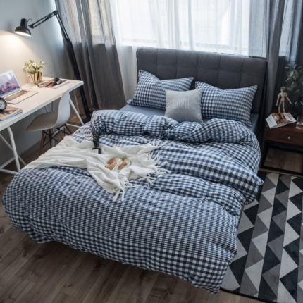 玖玖爱 水洗棉四件套床单款 错落格深蓝